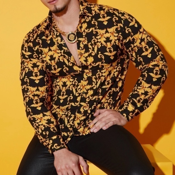 Gold leaf longsleeve, woven men’s top, black and yellow - Picture 2 of 7